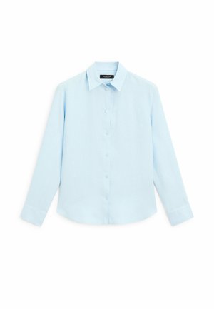 Chemise à manches longues bleu clair avec une texture douce, boutonnée à l'avant et à col traditionnel. Comprend des poignets boutonnés et un ourlet arrondi.