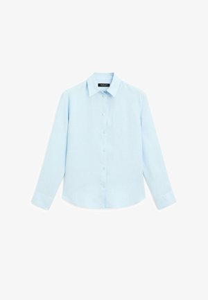 Light blue long-sleeve shirt with a soft texture, button front, and traditional collar. Features buttoned cuffs and a rounded hem.