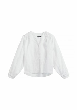 Biała bluzka z długim rękawem z dekoltem w serek, zapinana z przodu na guziki, z marszczonymi ramionami i elastycznymi mankietami, rozłożona na płasko na białym tle.