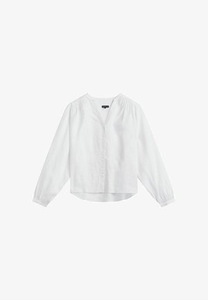 Valkoinen pitkähihoinen pusero, jossa V-kaula-aukko, edessä napit, kerätyt olkapäät ja joustavat hihansuut, aseteltu tasaisesti valkoiselle taustalle.