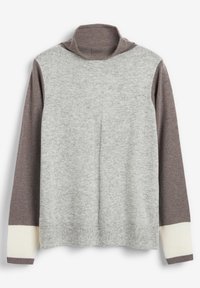 Grey knit pullover featuring a high collar, long brown sleeves, and ribbed white cuffs. Soft texture and relaxed fit.
