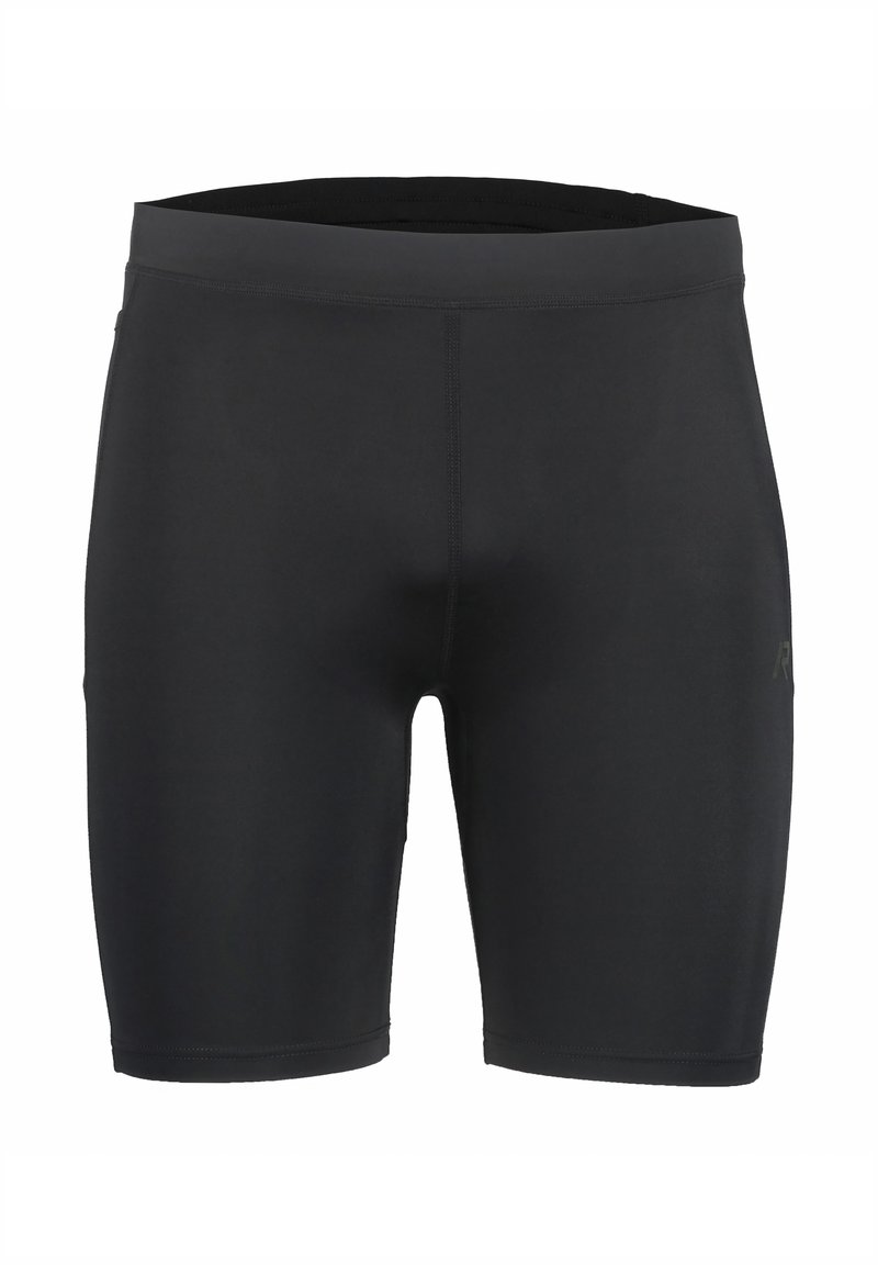 Zwarte sportieve shorts van rekbaar materiaal, met een strakke pasvorm en een brede tailleband. Geen zichtbare patronen of accenten.