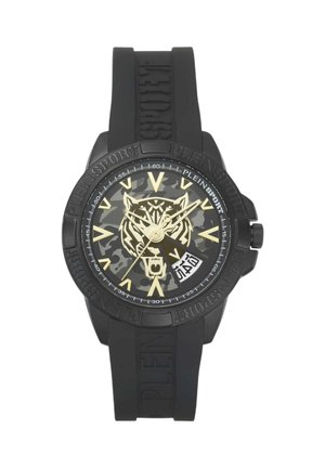Orologio da polso nero con cinturino in gomma, quadrante mimetico, design di faccia di tigre dorata, numeri romani dorati per le ore e finestra della data alle 4.