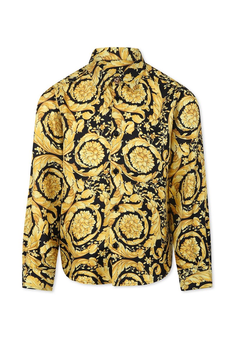 Camicia nera con motivo floreale e foglie gialle, dotata di colletto aperto e bottoni sul davanti. Maniche lunghe e vestibilità comoda.