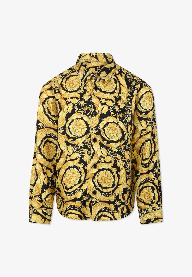 Camicia nera con motivo floreale e foglie gialle, dotata di colletto aperto e bottoni sul davanti. Maniche lunghe e vestibilità comoda.