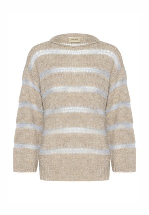 Beige gebreide trui met lichtblauwe strepen. Ontworpen met een wijde halslijn en lange mouwen, met een zachte en gestructureerde afwerking.
