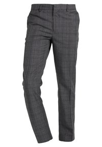 Szare spodnie w kratę o dopasowanym kroju. Wykonane z teksturowanej tkaniny, z delikatnym wzorem w kratę oraz standardowymi kieszeniami z przodu.