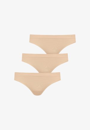 Beige dehnbare Panty-Set in drei, mit einer glatten Textur und einem mittelhohen Design mit breitem Bund und minimaler Bedeckung.