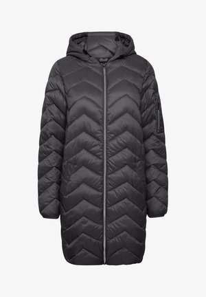 Ilgas juodas pūkinis švarkas su gobtuvu, su chevrono siuvinėjimo dizainu, užtrauktuko priekinis uždarymas ir užtrauktuku užsegama kišenė ant rankovės. Minkšta tekstūra.