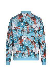 Camicia a maniche lunghe floreale in turchese, bianco e rosso. Presenta un colletto e polsini a coste. Lo sfondo è di un grigio scuro.