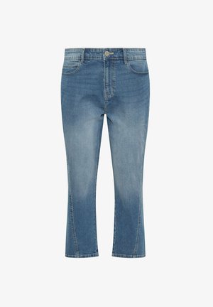 Siniset farkut, joissa on lyhennetty malli, klassinen viiden taskun muotoilu ja hienovarainen haalistuminen kankaassa.