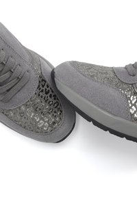 Gray suede sneakers featuring metallic leopard print, textured accents, and a cushioned sole. Rounded toe with laces and durable tread.