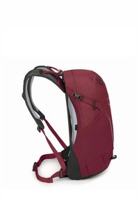 Zaino da trekking rosso e nero con design ergonomico, spallacci imbottiti, dettagli in rete e numerosi punti di regolazione. Materiale leggero.