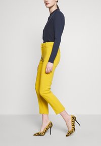 Marineblauw langemouwen top, gele op maat gemaakte broek en hoge hakken met dierenprint en spitse neuzen. Gladde texturen en levendige kleuren.