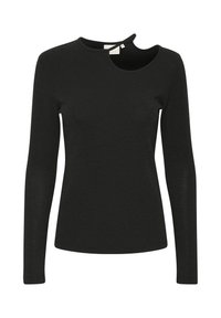 Schwarzes Langarmoberteil aus einem strukturierten Stoff, mit einem asymmetrischen Ausschnitt und einem Cut-Out-Detail. Schmale Passform.