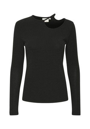 Črn dolg rokav vrh iz teksturirane tkanine, z asimetričnim izrezom in izrezom. Tanek kroj.