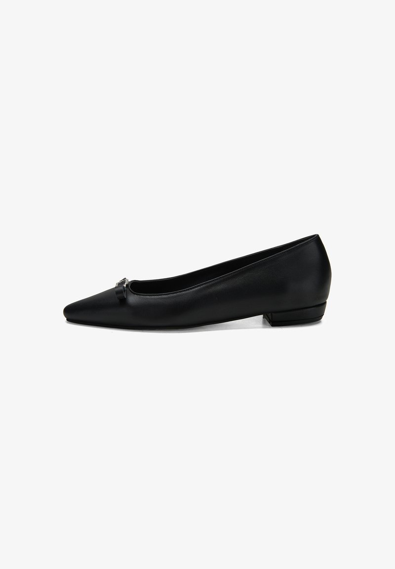 Schwarze Leder-Ballettschuhe mit einer spitzen Zehe und einem kurzen Absatz. Mit einer kleinen Verzierung an der Front. Glatte Textur.