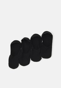 Schwarze Baumwoll-Sneaker-Socken mit glatter Textur, abgerundeten Zehen und elastischen Öffnungen. In einer Reihe angezeigt, vier Paare.