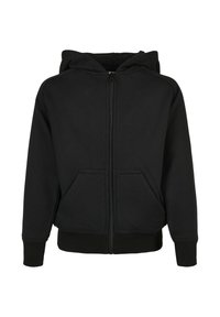 Haut à capuche zippé noir en tissu doux, avec une capuche, deux poches avant, des poignets et une taille côtelés. Design simple et classique.