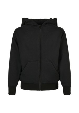 Schwarze Reißverschluss-Hoodie aus weichem Material, mit Kapuze, zwei vorderen Taschen, gerippten Bündchen und Saum. Einfaches, klassisches Design.