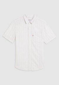 Chemise à manches courtes boutonnée en blanc avec de fines rayures verticales multicolores. Comprend une poche sur le côté gauche de la poitrine et un col classique.