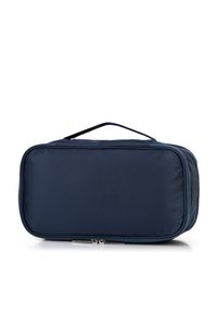 Granatowa prostokątna torba podróżna wykonana z teksturowanej tkaniny, z górnym uchwytem i srebrnym zapięciem na zamek. Gładka powierzchnia bez widocznych ozdób.
