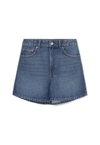 Denim shorts in mid-blue, featuring a high waist, five pockets, and copper rivets. The hem is slightly curved with a soft texture.