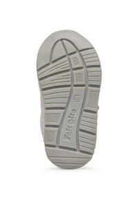 Suola di scarpa in gomma grigia con motivo testurizzato, caratterizzata da creste e scanalature per una migliore aderenza, contrassegnata con "Falcotto" e taglia "19."
