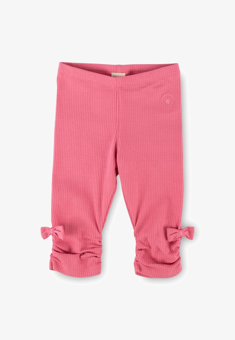 Pink ribbed leggings with a stretchy waistband, featuring gathered cuffs embellished with small bows on each side.