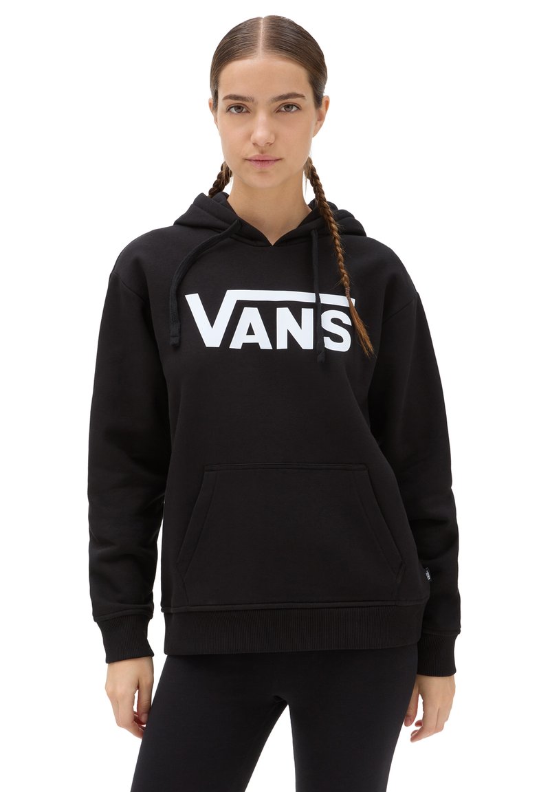 Felpa con cappuccio nera in misto cotone, con un grande logo bianco "VANS" sul davanti e una tasca a marsupio frontale.
