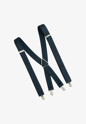 Marineblaue Hosenträger aus elastischem Material. Mit silberfarbenen Metallclips und einem dreieckigen Verbindungsstück auf der Rückseite. Maßgeschneiderte Textur.