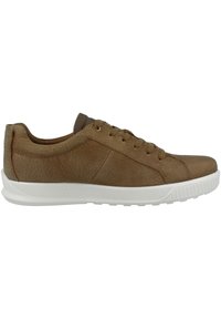 Braune Leder-Sneaker mit strukturierter Oberfläche, ausgestattet mit einer weißen Gummisohle, abgerundetem Zehenbereich und sechs Ösen für die Schnürsenkel.