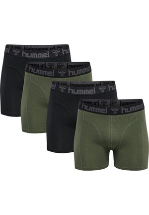Schwarze und olivgrüne Boxershorts mit elastischen Bändern, die das "hummel"-Logo zeigen; glatte Textur und enganliegendes Design mit runder Form.