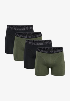 Black and olive green boxer briefs with elastic bands featuring the "hummel" logo; smooth texture and fitted design with a rounded shape.