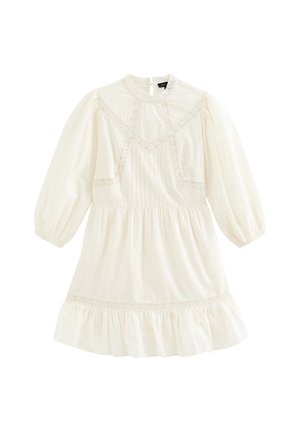 Vestido color crema con mangas largas abullonadas, detalles de encaje en el pecho y el dobladillo, cintura fruncida y falda con volantes.