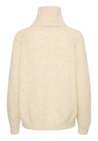 Beige pulóver magas, bordázott gallérral. Puha, texturált anyag, laza szabásban. Lepakolt vállakkal és kerekített szegéllyel rendelkezik.