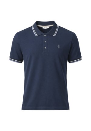 Polo a maniche corte blu navy con doppie strisce bianche su colletto e bordi delle maniche, tre bottoni e piccolo logo sul petto a sinistra.