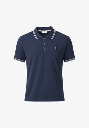 Polo a maniche corte blu navy con doppie strisce bianche su colletto e bordi delle maniche, tre bottoni e piccolo logo sul petto a sinistra.