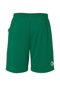 Green athletic shorts made of lightweight fabric. Features an elastic waistband, smooth texture, and a logo printed on the lower right leg.
