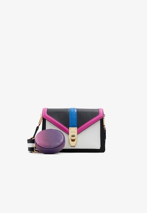 Small rectangular crossbody bag with black, white, pink, and blue panels, gold clasp, and attached purple round coin pouch.