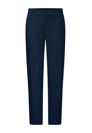 Pantaloni eleganti slim fit blu navy con passanti per cintura e chiusura frontale con cerniera, mostrati su sfondo bianco.