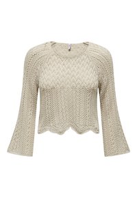 Maglione cropped lavorato a maglia in beige chiaro, con orlo ondulato, maniche larghe e un motivo a zigzag testurizzato. Materiale leggero e traspirante.