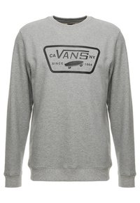 Felpa grigia a maniche lunghe con logo Vans nero, grafica di skateboard e il testo "CA NY Since 1966" centrato sul petto.