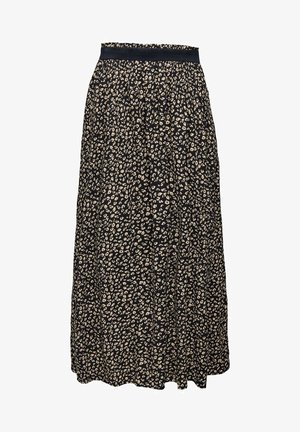 Mustat midi-hame, jossa on beigepohjainen leopardi-kuvio ja musta elastinen vyötärö, pleatattu kangas lisäämään tekstuuria.