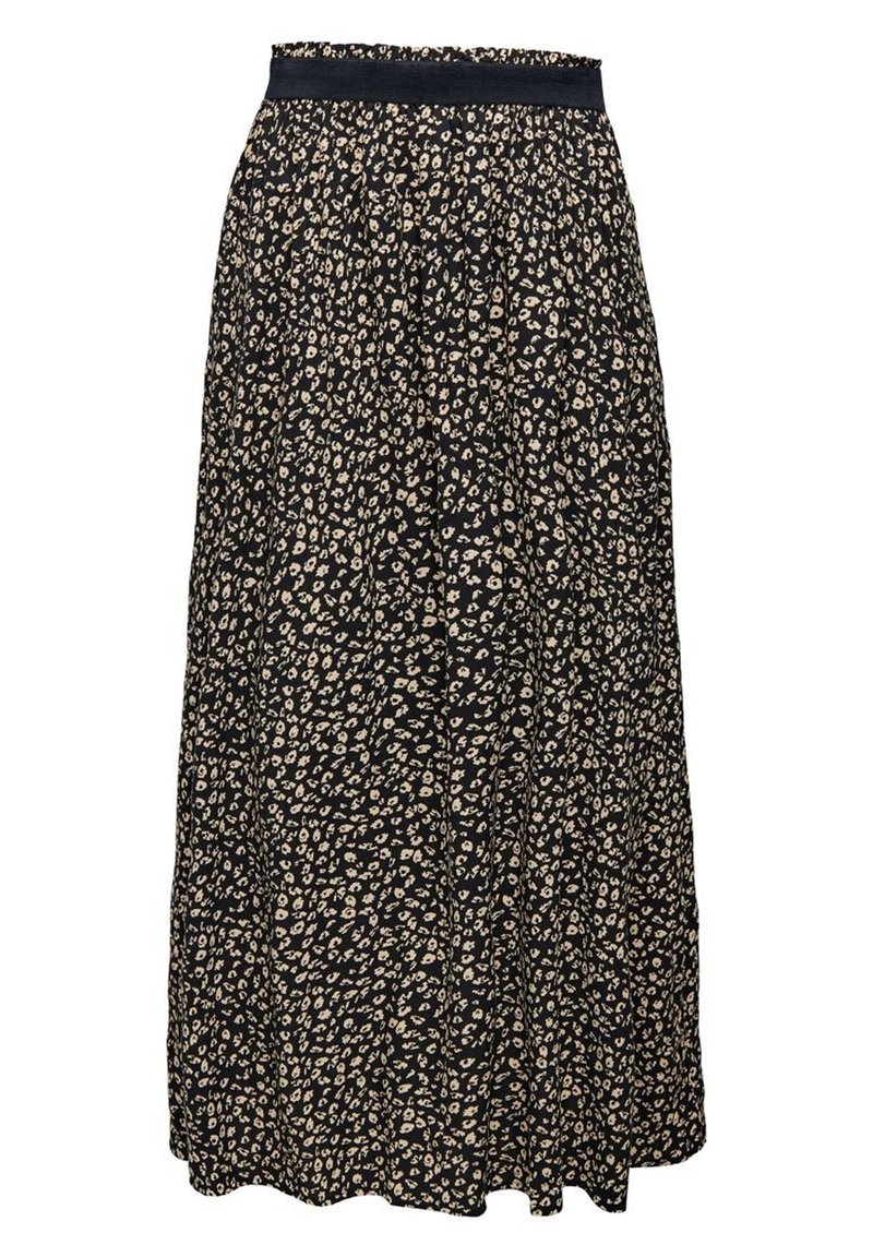 Jupe midi noire avec motif léopard beige et taille élastique noire, en tissu plissé pour plus de texture.