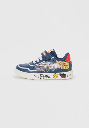 Navy blue sneaker with graphic car design, white accents, and "PUSH YOUR LIMITS" text. Velcro strap and rubber sole with playful doodles.