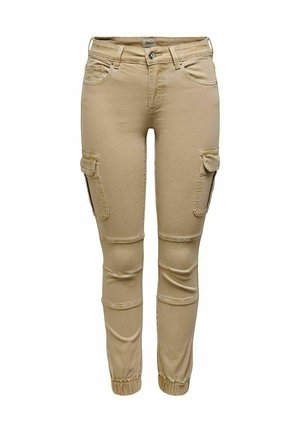 Pantalons cargo beiges en mélange de coton, dotés de poches latérales, d'une coupe jambe fuselée et de poignets élastiqués aux chevilles.