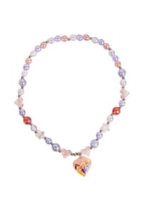 Collana di perline caratterizzata da perline in vetro traslucido di colore viola pastello, rosa e trasparente, con un ciondolo a forma di cuore che presenta grafiche di principesse.