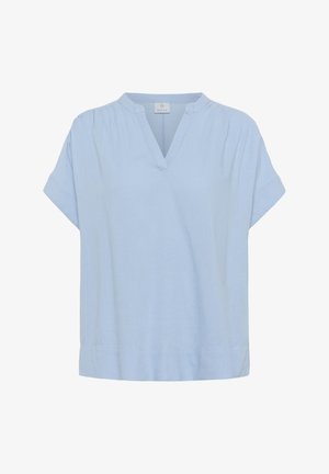 Light blue short-sleeve top with a V-neckline, soft texture, loose fit, and gathering detail at the shoulders, suitable for casual wear.