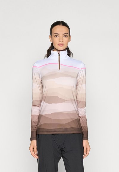 Long-sleeve quarter-zip top in gradient earth tones, blending browns and pinks, with a high collar and brown zipper detail.